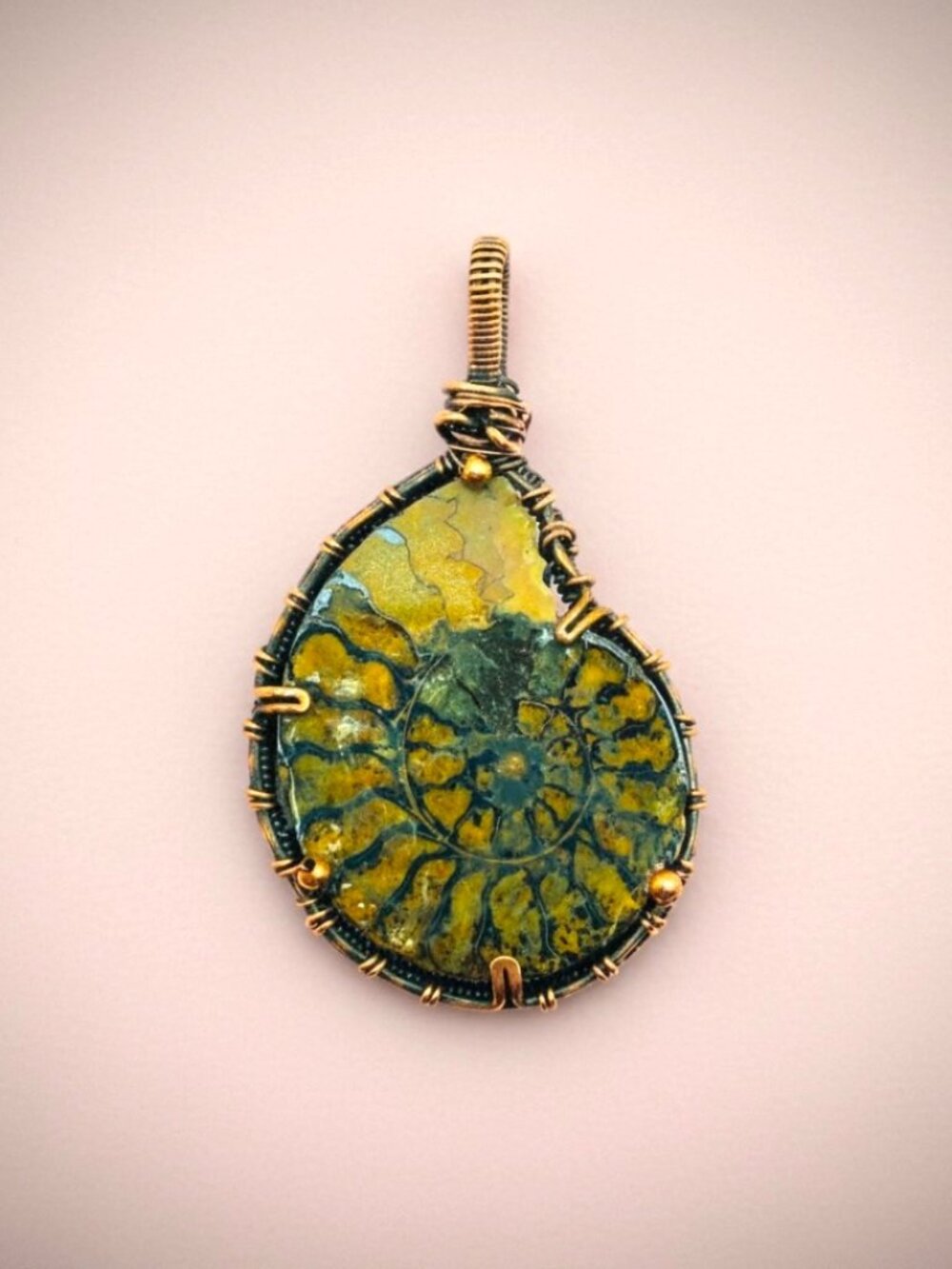 Men's Copper Wire Wrapped Ammonite Fossil